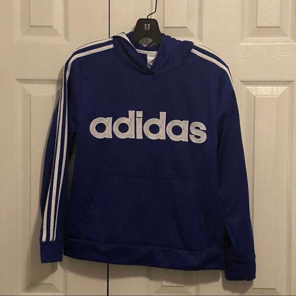 Adidas Youth Boys Large blue hoodie Pullover stripe shoulder Sweatshirt - Picture 2 of 6